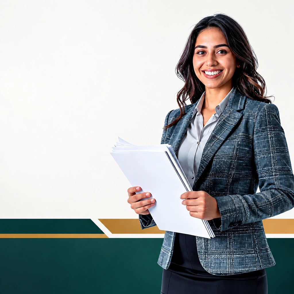 Business professional holding financial documents against a white, teal and gold background